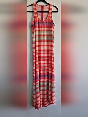 Poof-Striped Coral Red and Pink Maxi Dress